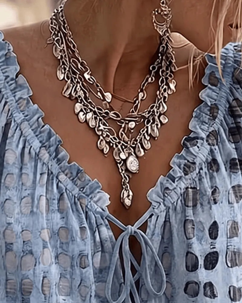 Mireva - Blouse femme à pois avec col V et lien ajustable