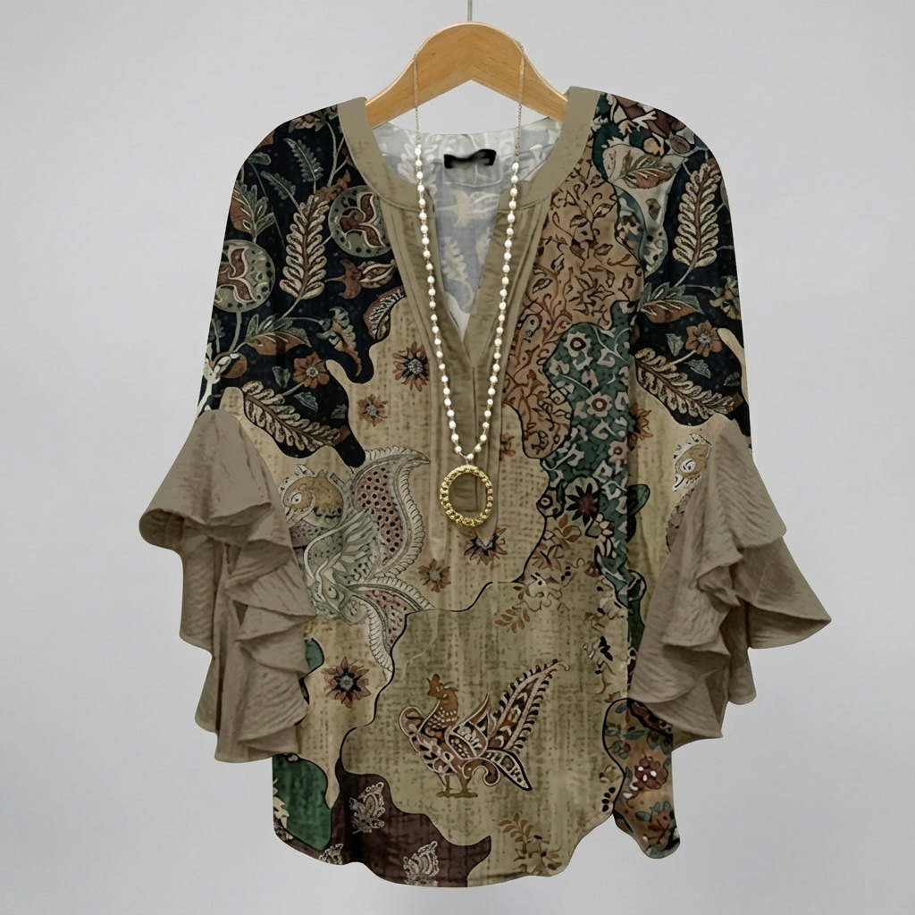 Faylissora – Blouse Ample Élégante à Col V Imprimé Artistique
