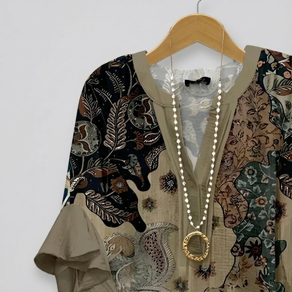 Faylissora – Blouse Ample Élégante à Col V Imprimé Artistique