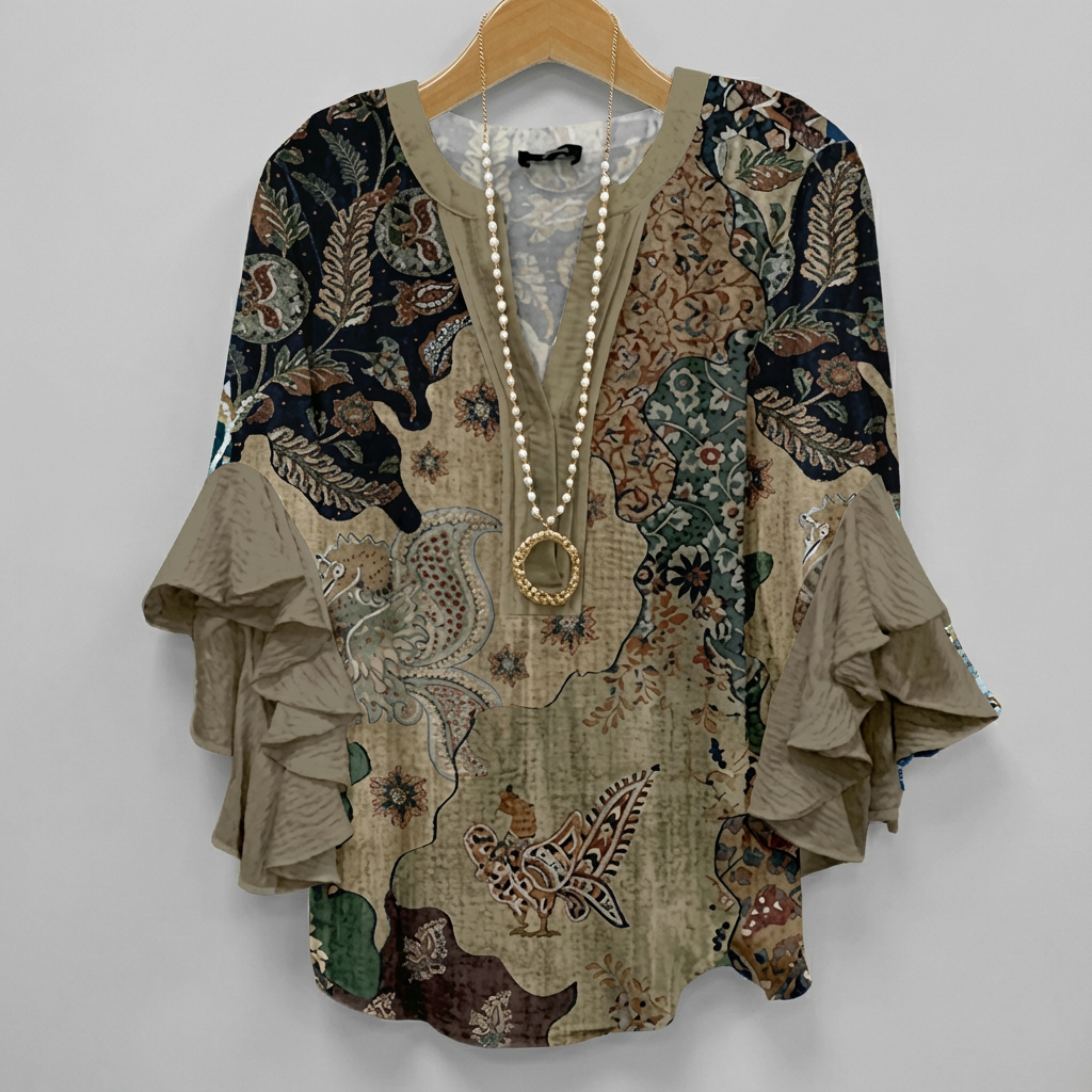 Faylissora – Blouse Ample Élégante à Col V Imprimé Artistique