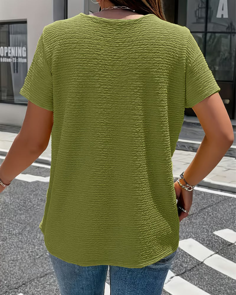 Syzelle - T-shirt femme col rond texturé manches courtes boutons décoratifs élégant