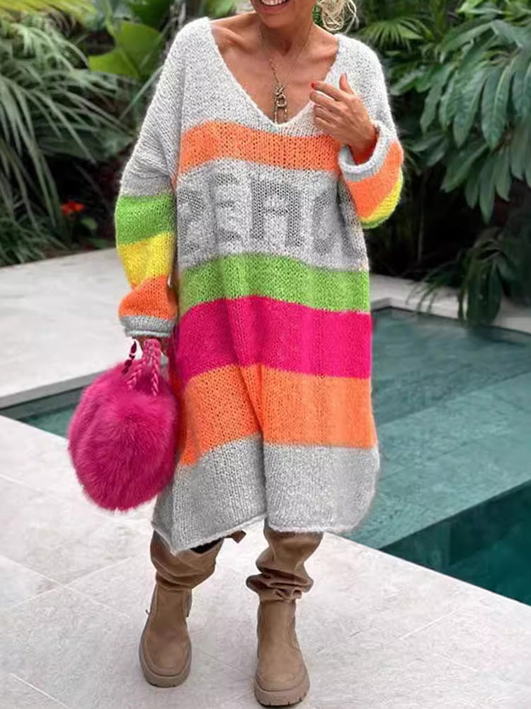 Elviana - Robe Pull en Cachemire à Blocs de Couleurs