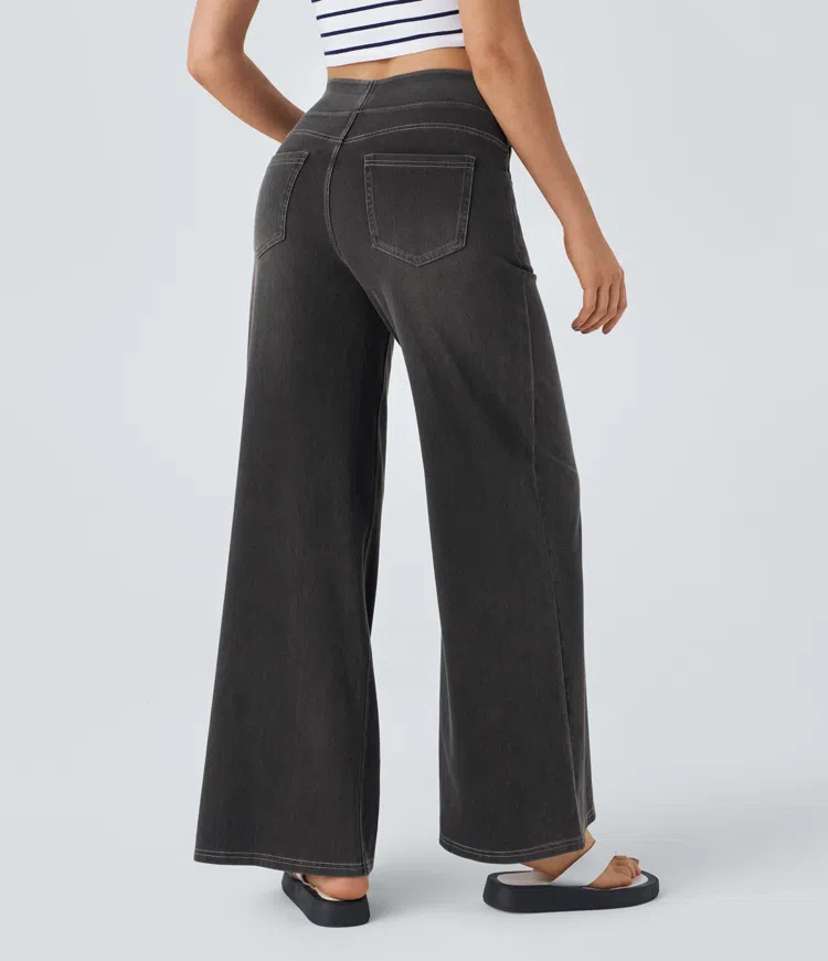Ruvessa - Jean femme taille haute jambe large très extensible coupe moderne