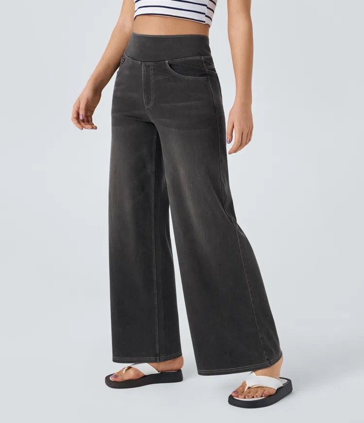 Ruvessa - Jean femme taille haute jambe large très extensible coupe moderne