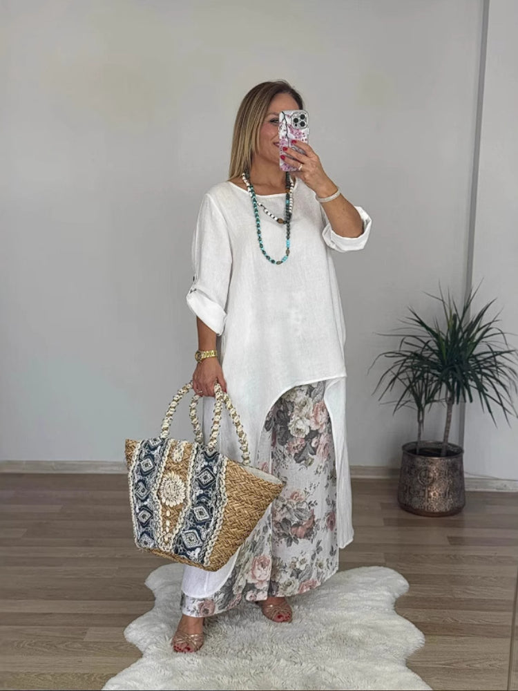 Ulina - Ensemble Décontracté avec Top Irrégulier et Pantalon à Jambes Larges