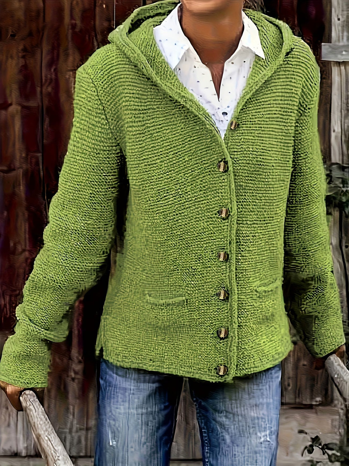 Maëline - Women's chunky knit hooded cardigan with buttons