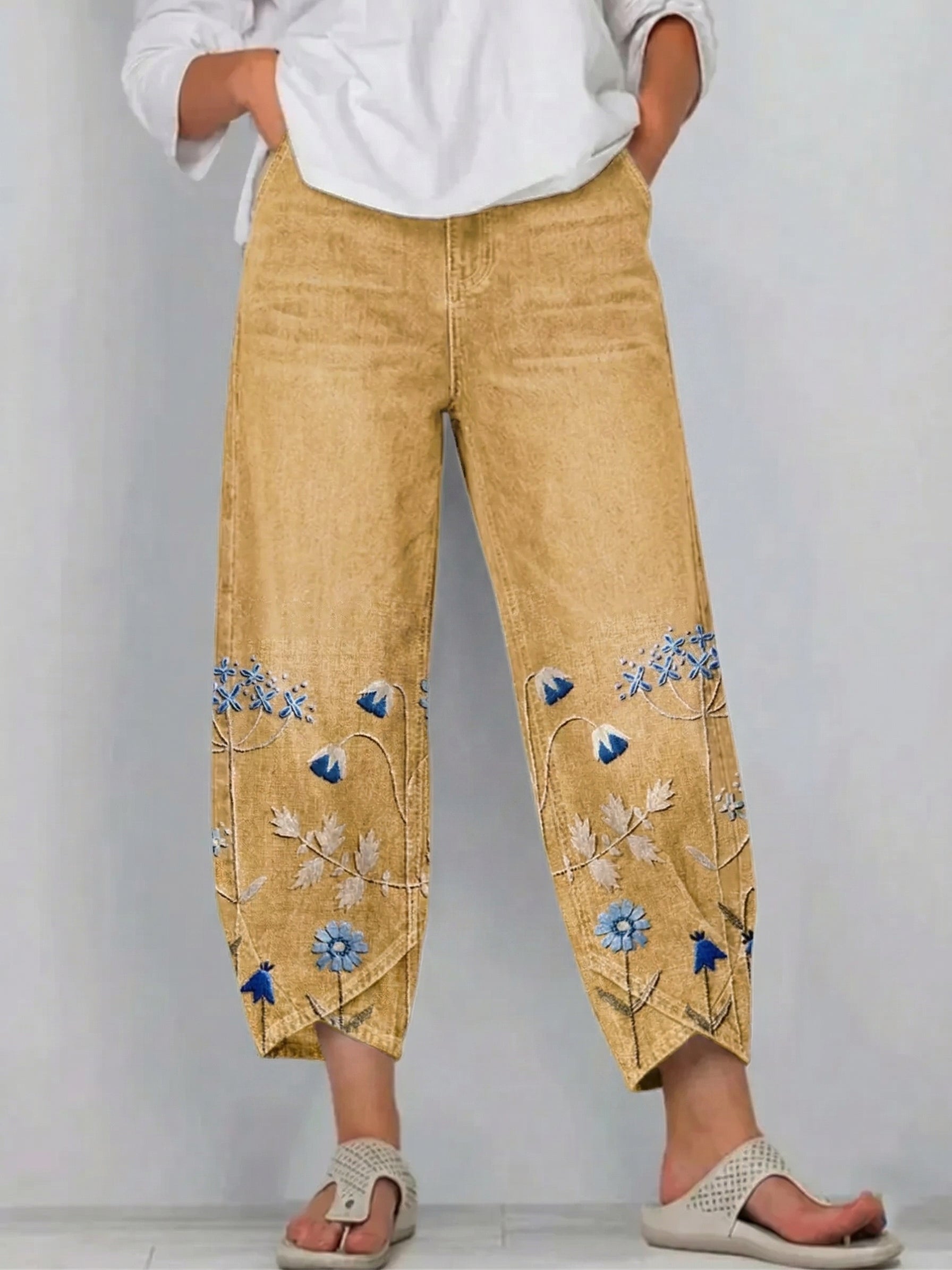Fiorixa - Pantalon femme denim broderie florale coupe droite casual