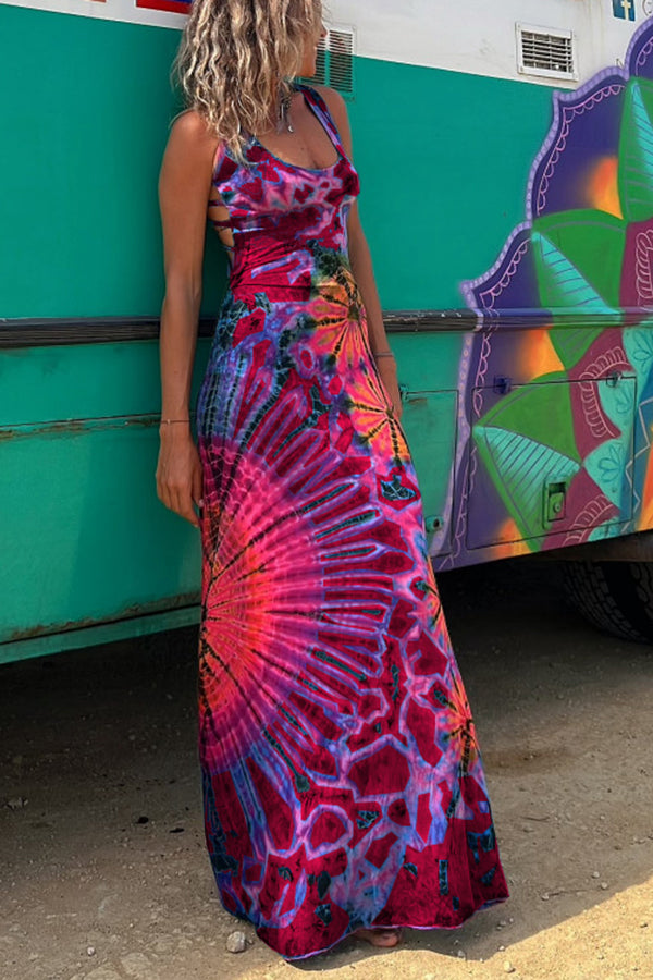Junaria - Robe maxi avec imprimé tie-dye, lacée à l'arrière, extensible (avec soutien-gorge intégré)