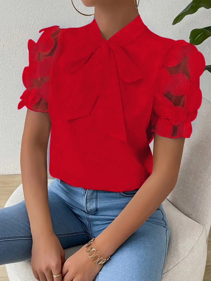 Cirelle - Chemisier d'été uni en dentelle avec nœud et manches courtes