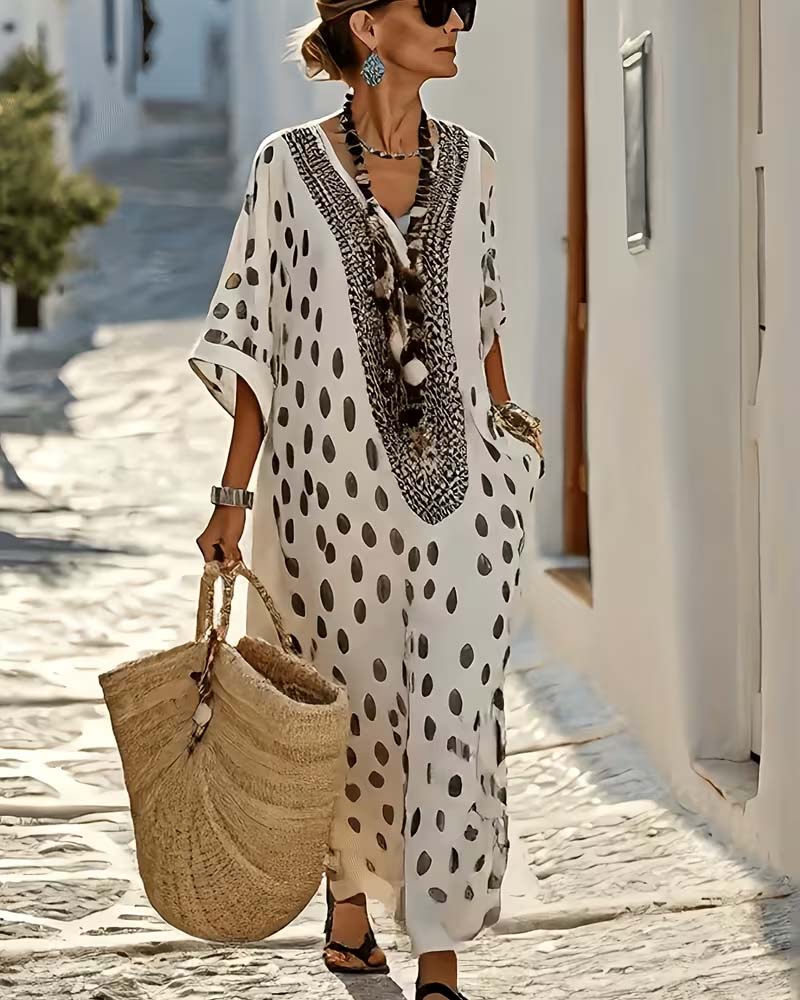 Hynovia - Robe femme maxi kaftan imprimé pois col V bordure ethnique