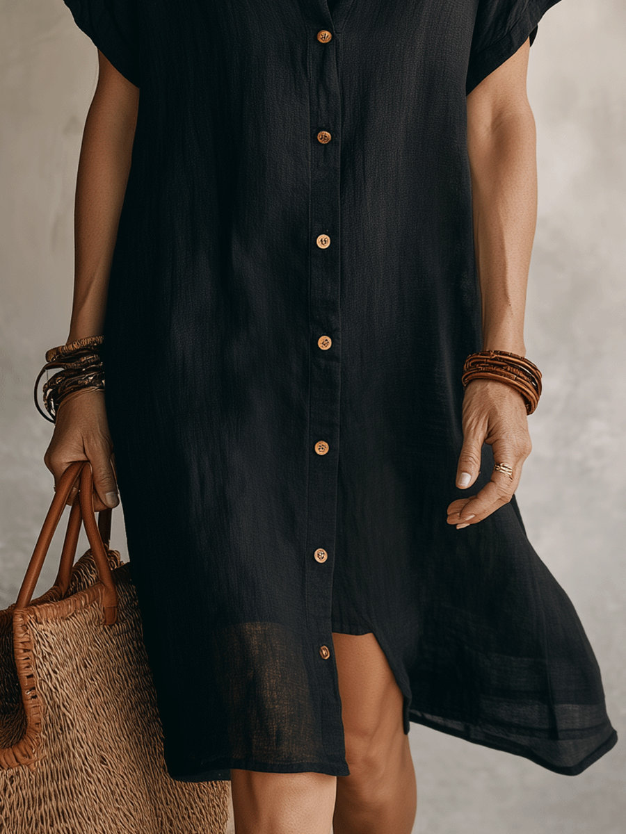Quenovia - Robe chemise femme midi lin coton boutonnée manches courtes