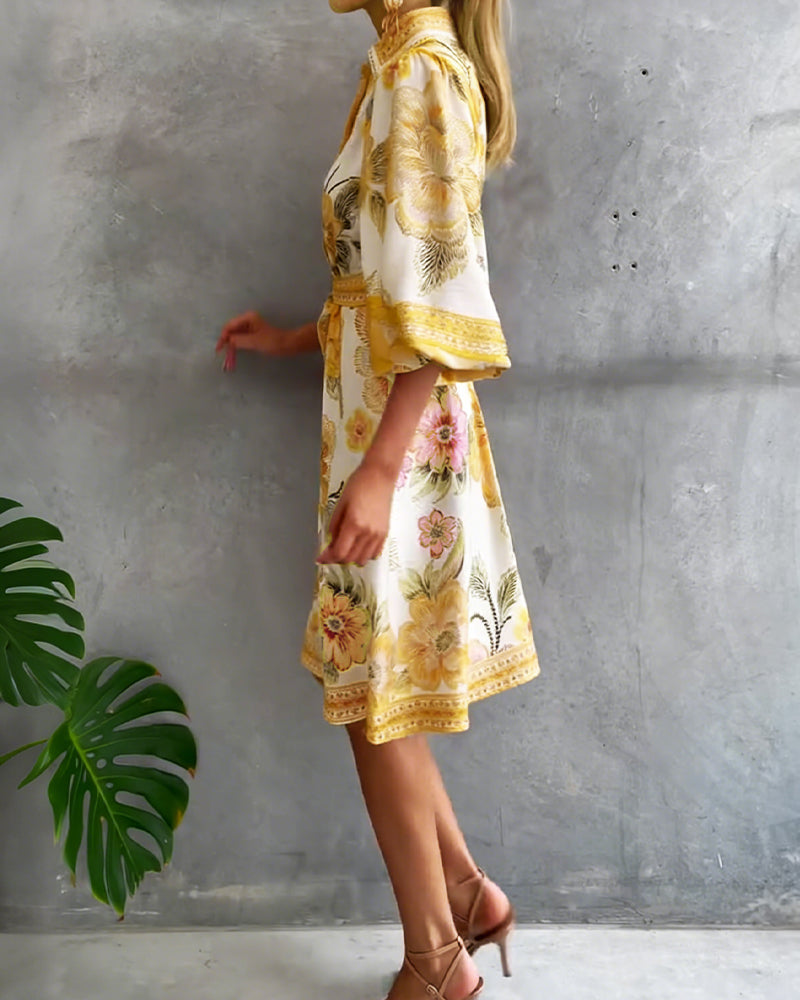 Glyssara - Robe florale élégante femme à manches lanterne et boutons