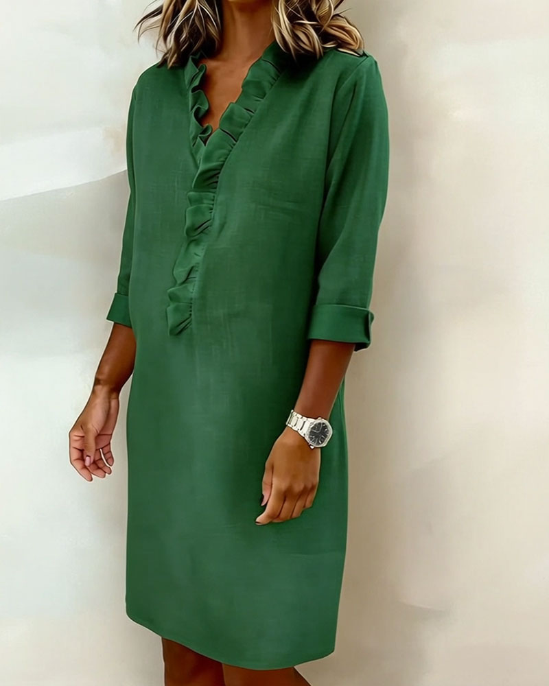Ophivyn - Robe femme col V à volants coupe droite style décontracté