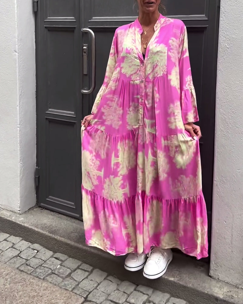 Greta - Robe Patchwork Ample avec Col en V et Manches Cloches Imprimées