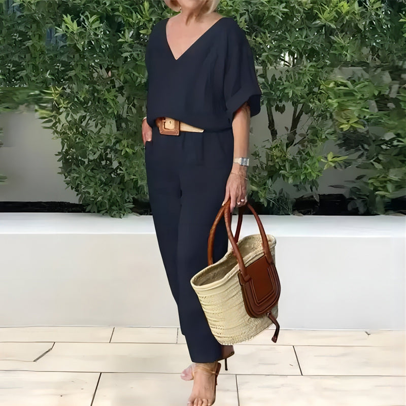 Loxaria - Ensemble femme haut col V pantalon poches style décontracté