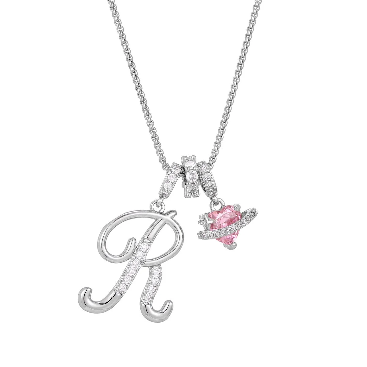 Carmelle - Collier Initiale Avec Cœur Rose Brillant