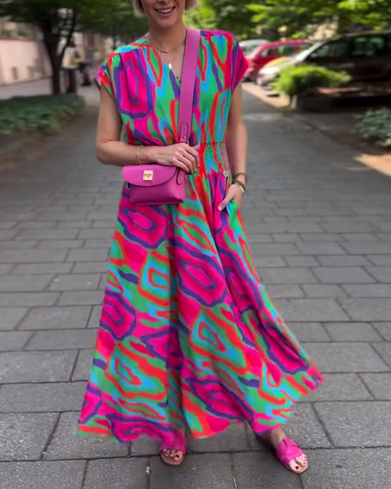 Roxana - Robe longue à imprimé coloré avec décolleté en V et manches raglan