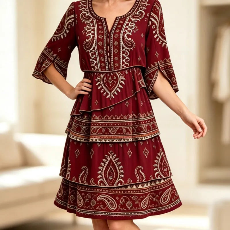 Ramona - Robe femme bohème à volants avec imprimé ethnique