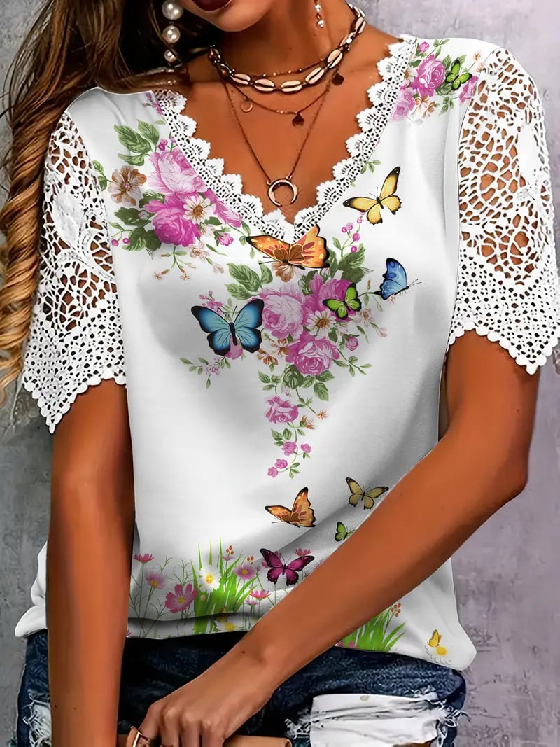 Myressa - Top femme floral à col V et manches en dentelle