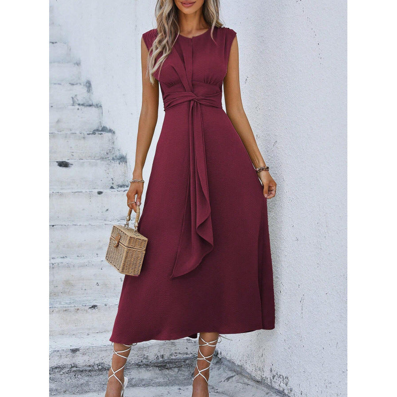 Orivessa - Robe longue femme unie sans manches avec ceinture drapée