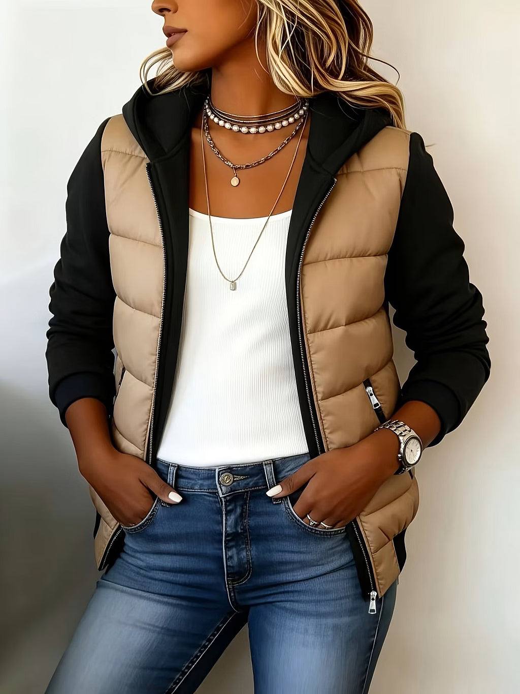 Roosje - Women's quilted hooded jacket with two-tone long sleeves