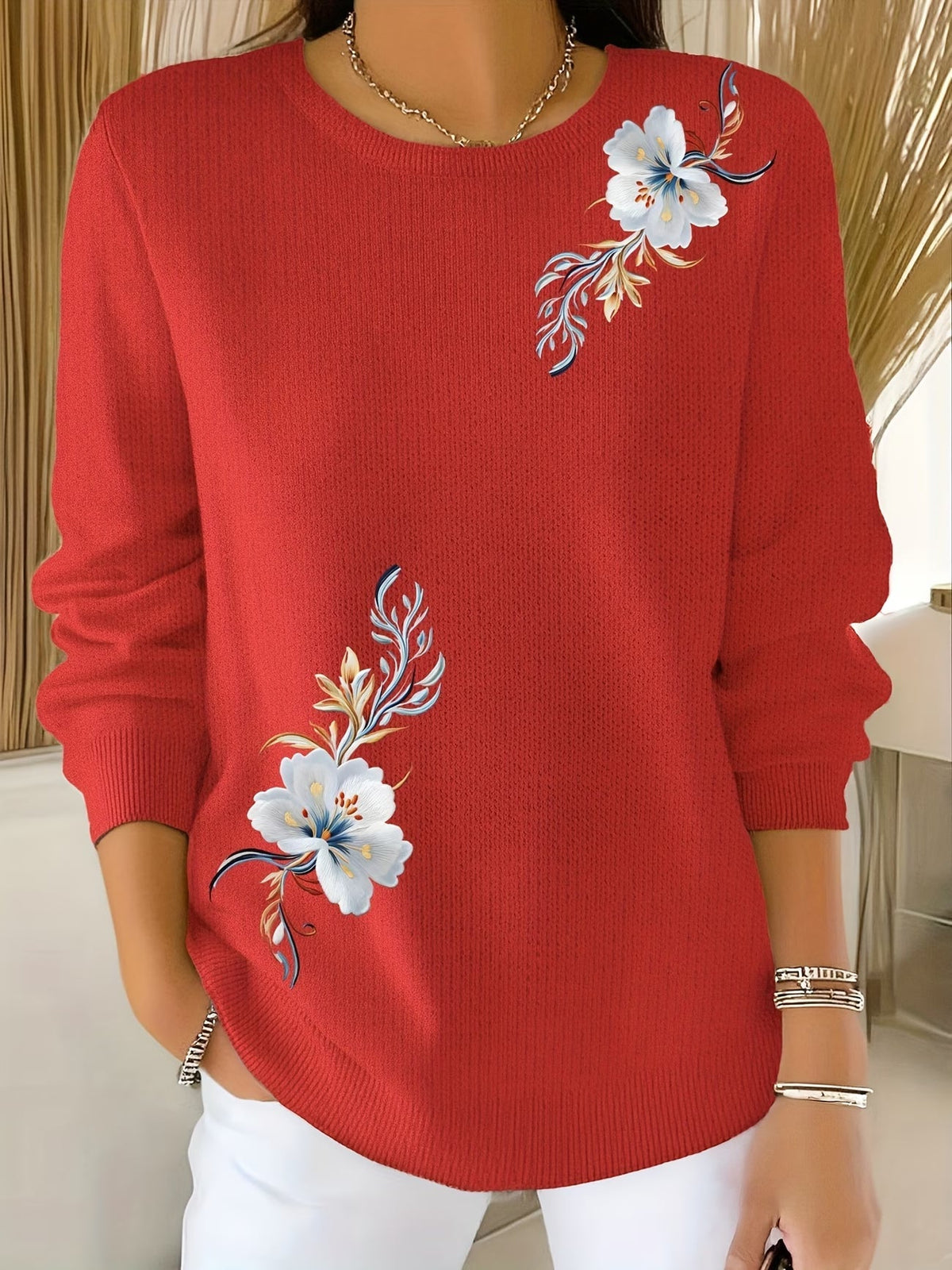 Yenthe - Pull femme à fleurs imprimées et col rond