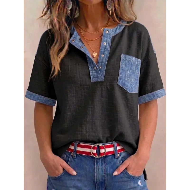Tivellea - Top femme en coton à col V avec détails denim