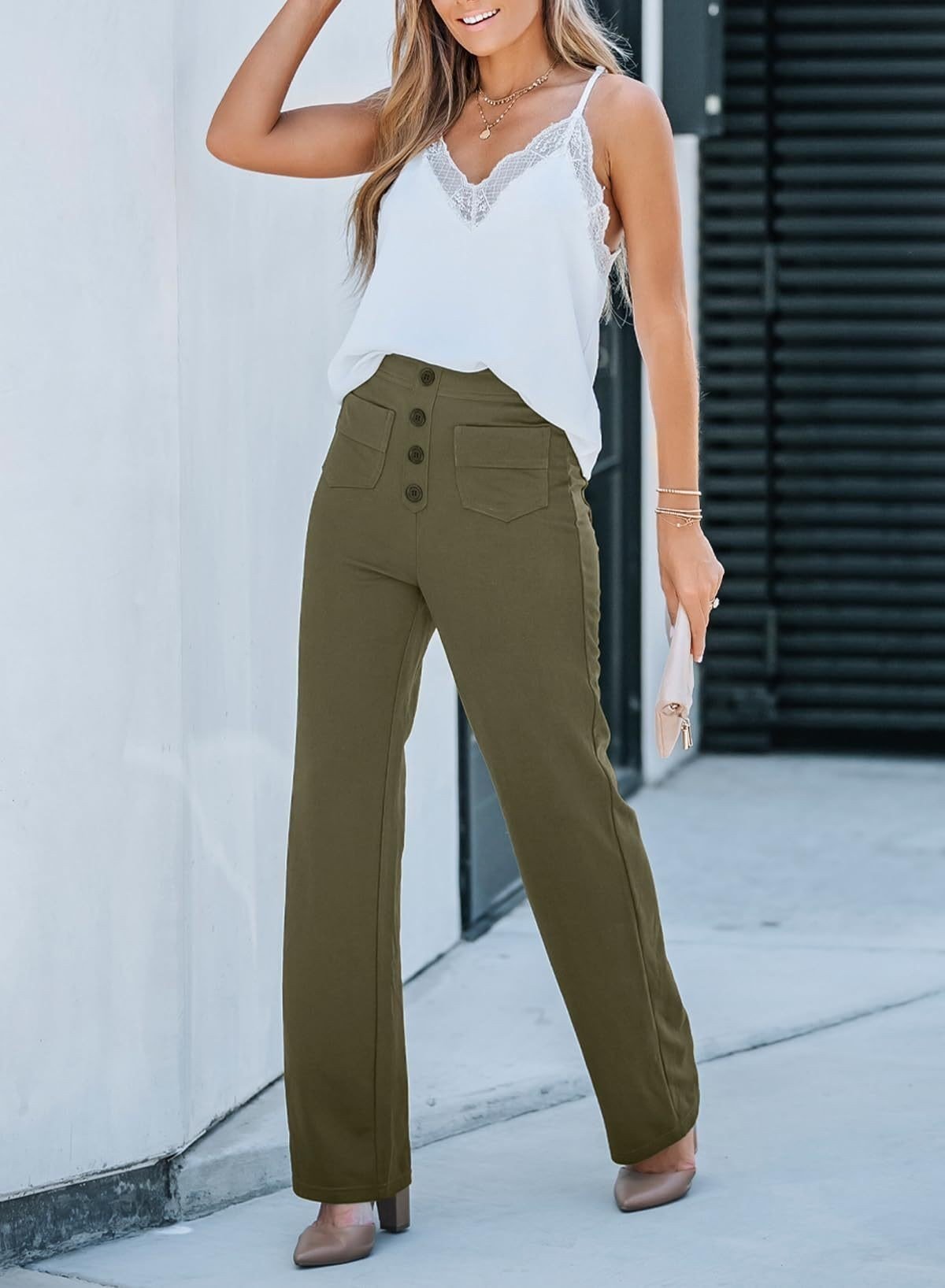 Nara - Haute élasticité - Pantalon décontracté taille haute à jambe droite