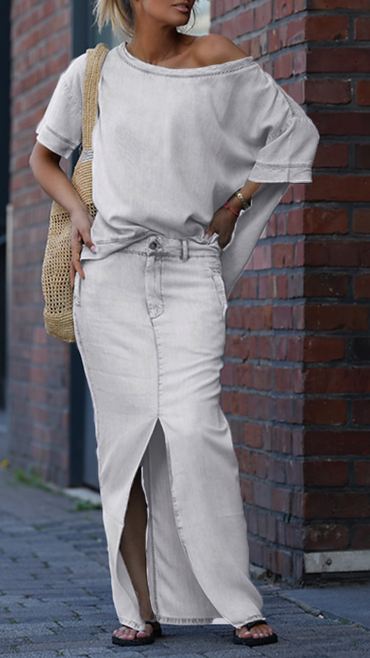 Mireya - Ensemble Décontracté Femme en Denim Tencel avec Décolleté Rond