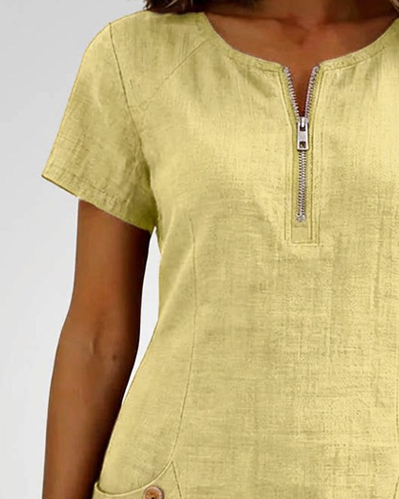 Kovira - Robe Courte Coton Lin avec Fermeture Éclair et Poches