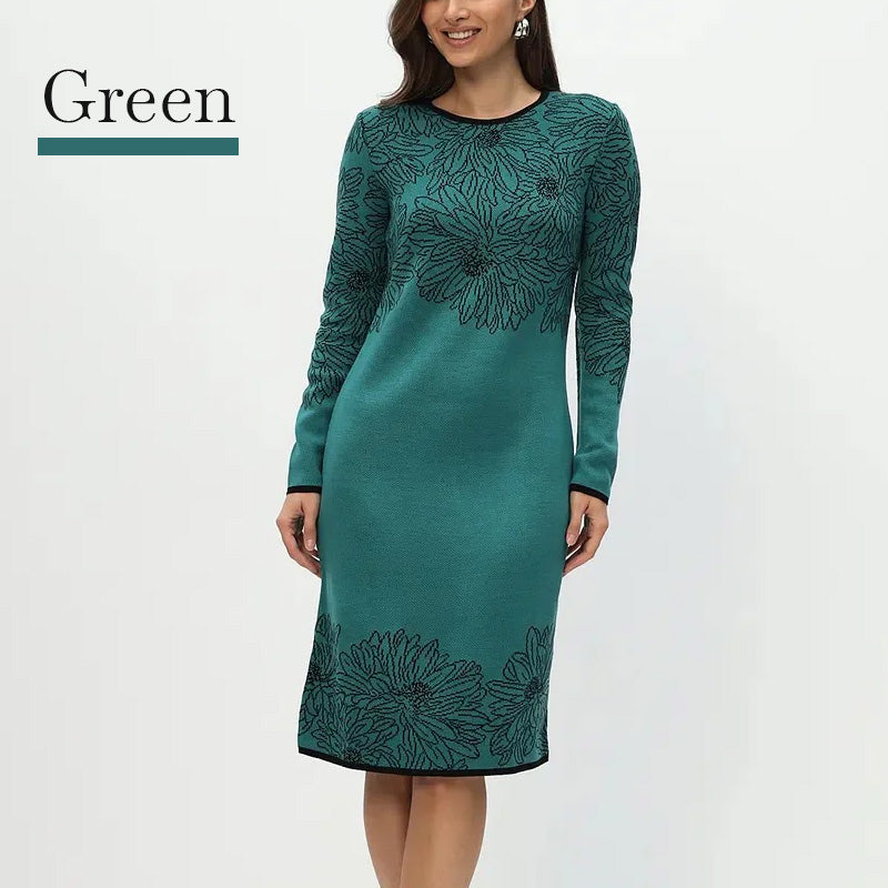 Rhoselavessa - Robe Simple Imprimée À Manches Longues Et Décolleté En V