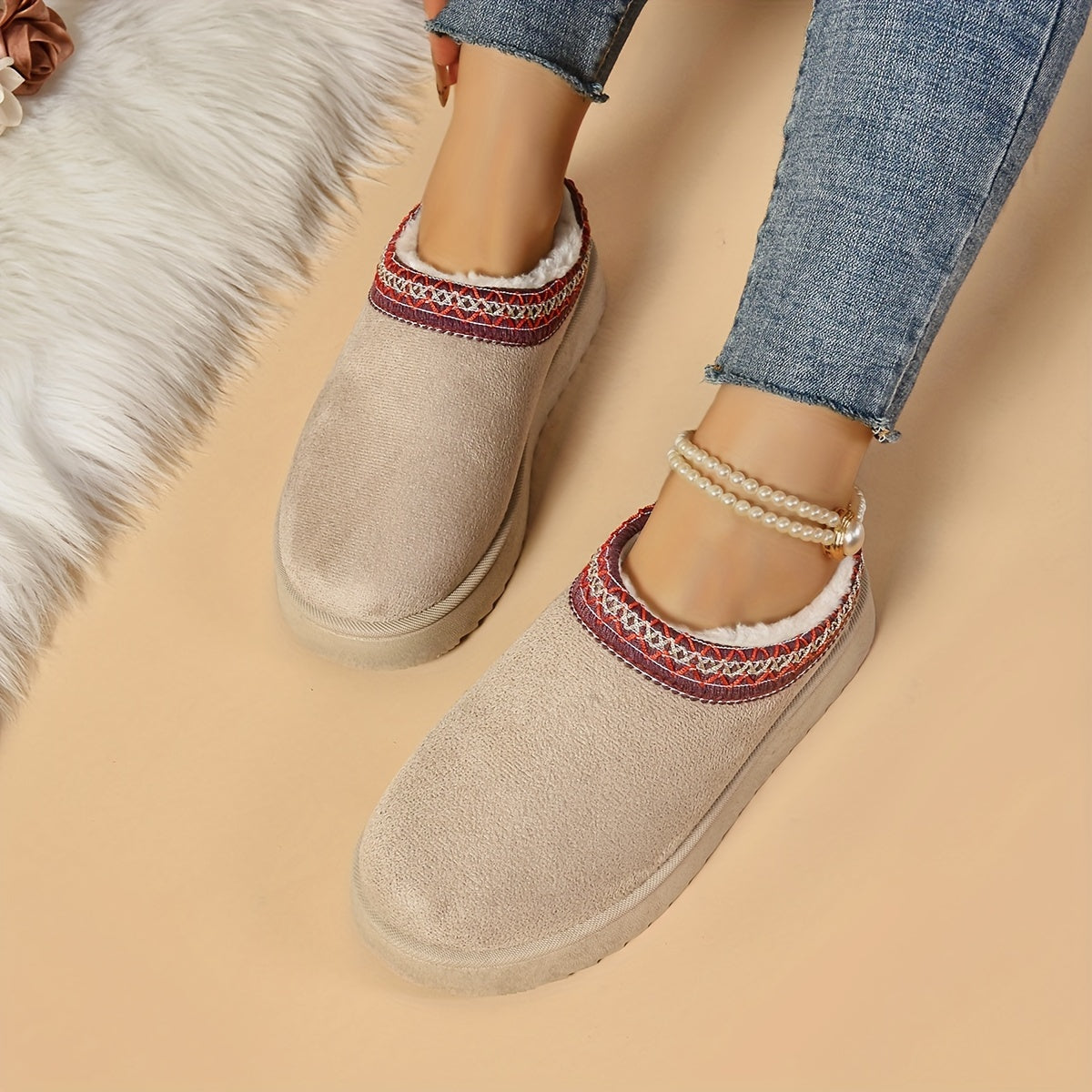 Selviane - Bottes Slip-On Ethniques à Doublure en Fausse Fourrure