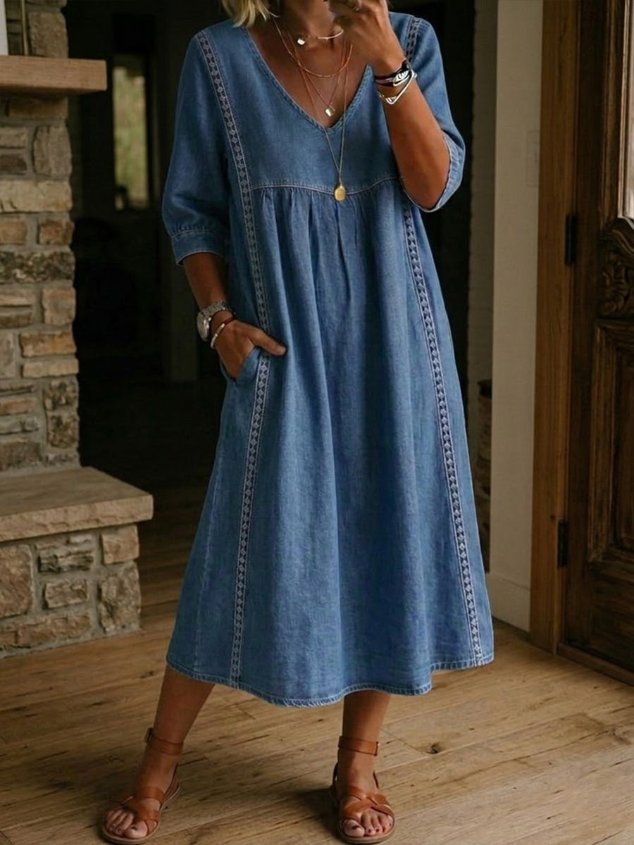 Fyntra - Robe femme denim fluide col V dentelle style décontracté élégant