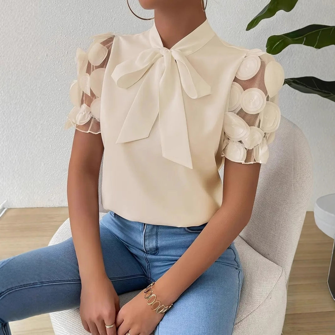 Cirelle - Chemisier d'été uni en dentelle avec nœud et manches courtes
