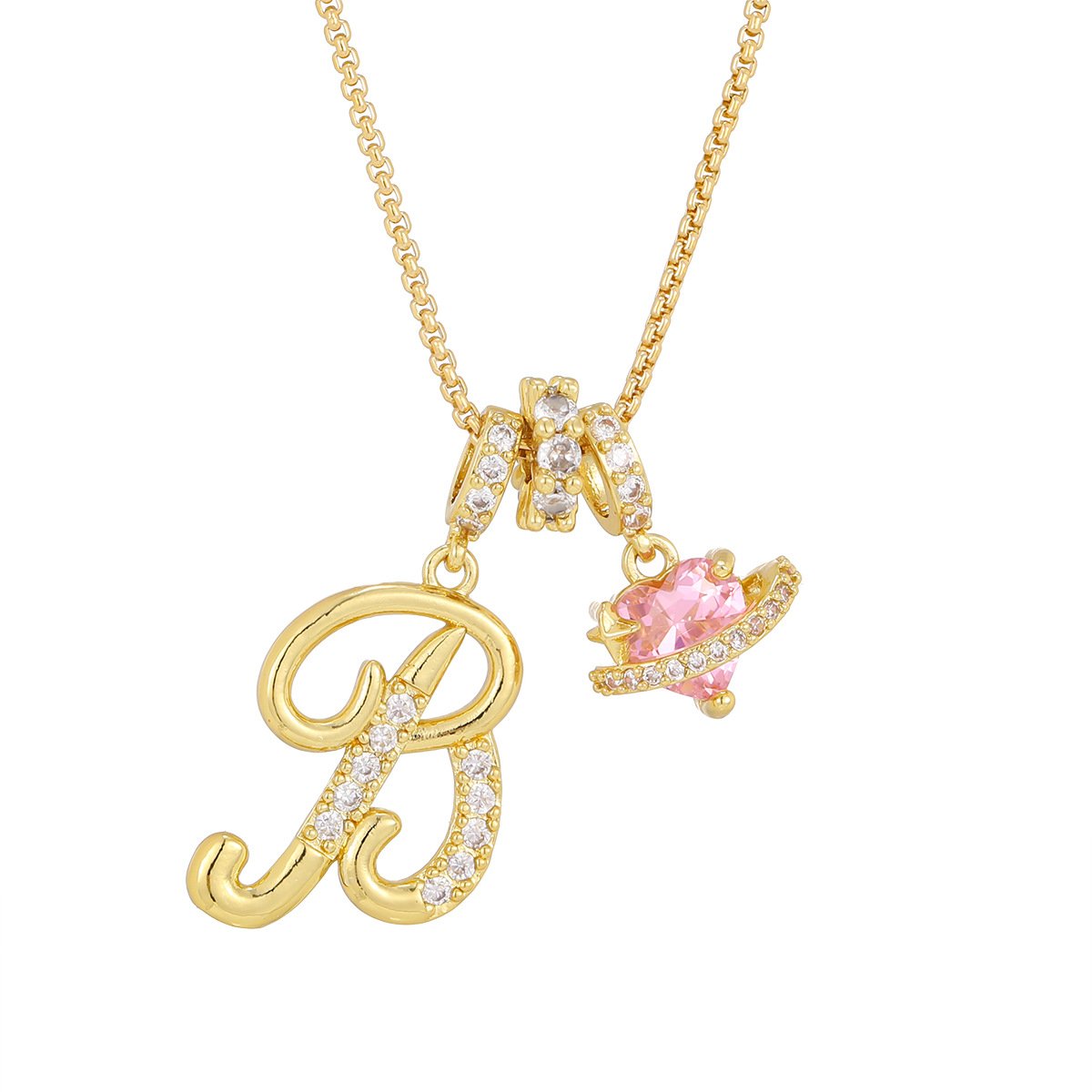Carmelle - Collier Initiale Avec Cœur Rose Brillant