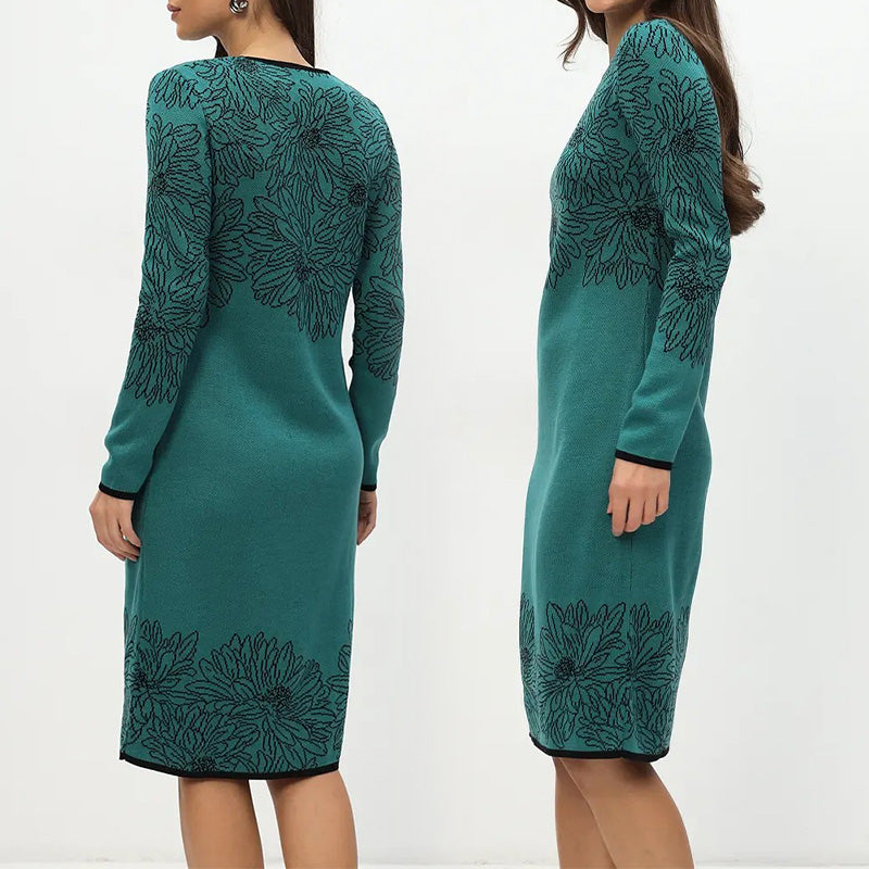 Rhoselavessa - Robe Simple Imprimée À Manches Longues Et Décolleté En V