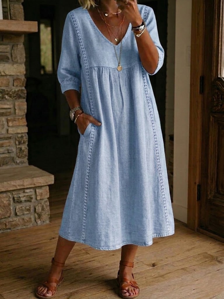 Jaxine - Robe Femme Patchwork Dentelle Coton Lin Décontractée Été