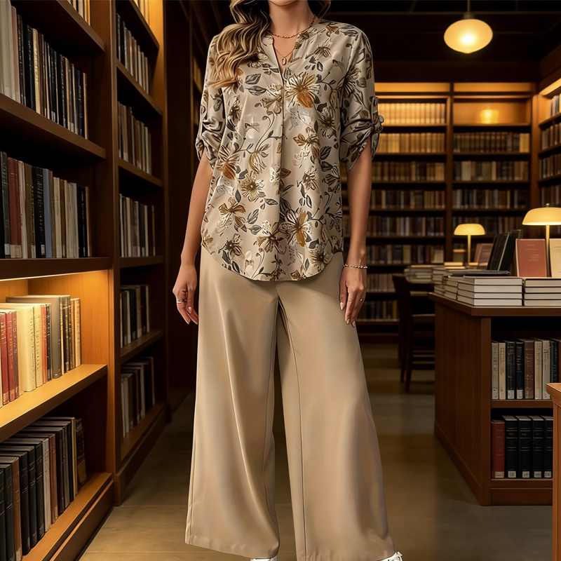 Cynellea - Ensemble femme chemisier floral pantalon fluide chic quotidien