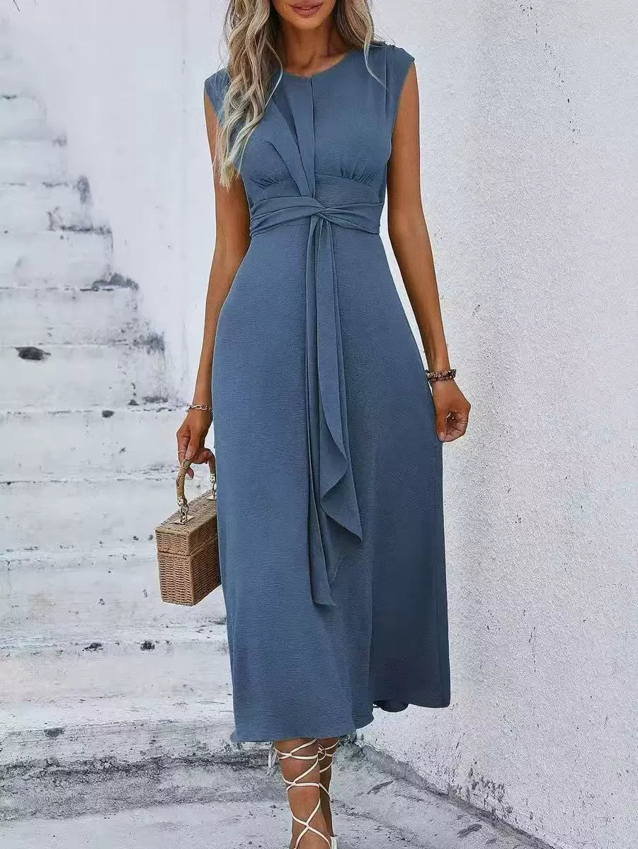 Orivessa - Robe longue femme unie sans manches avec ceinture drapée