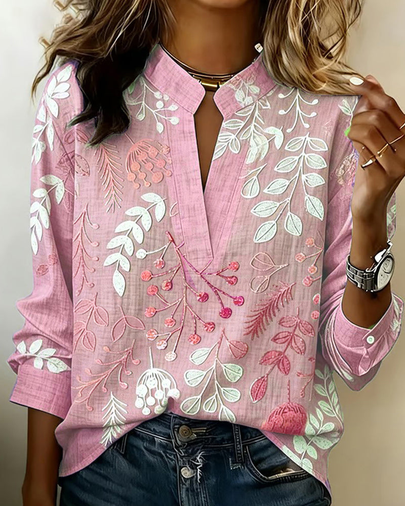 Drynora - Blouse femme imprimée florale col ouvert manches longues style élégant