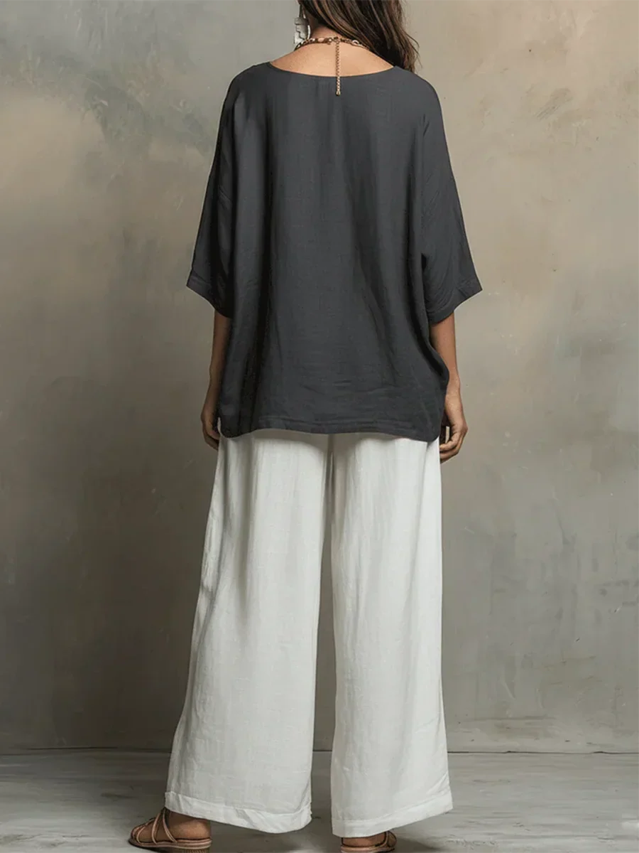 Tyvella - Ensemble Femme Lin Deux Pièces Coupe Ample Pantalon Fluide