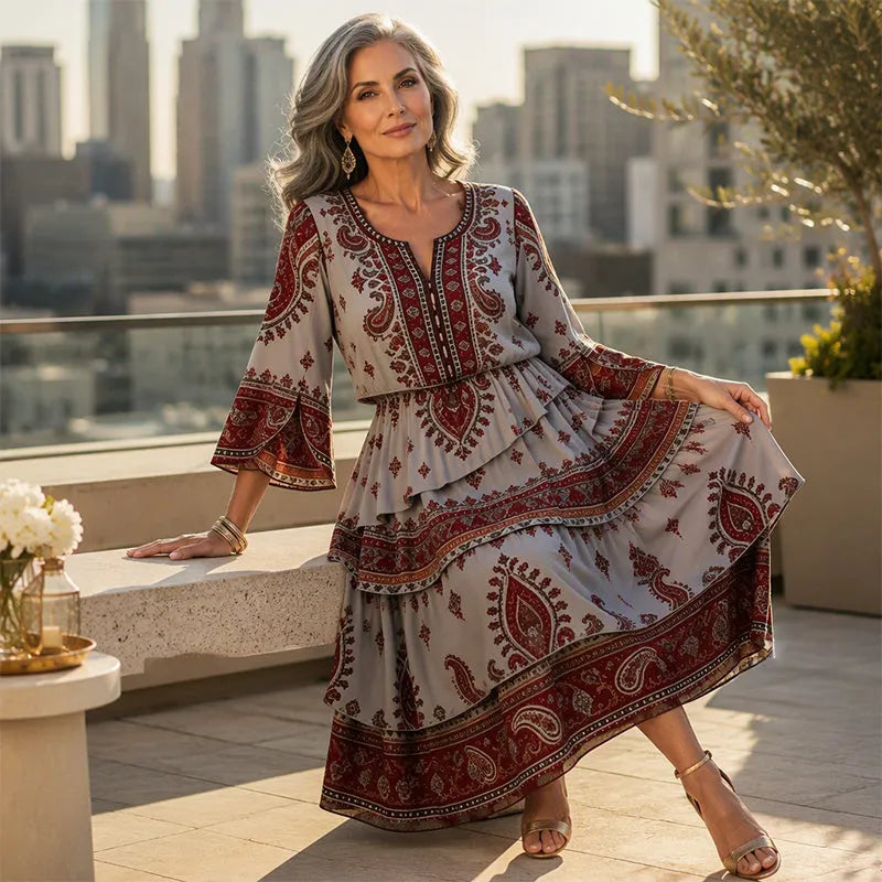 Ramona - Robe femme bohème à volants avec imprimé ethnique