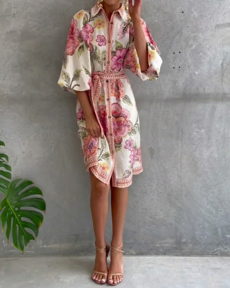 Glyssara - Robe florale élégante femme à manches lanterne et boutons