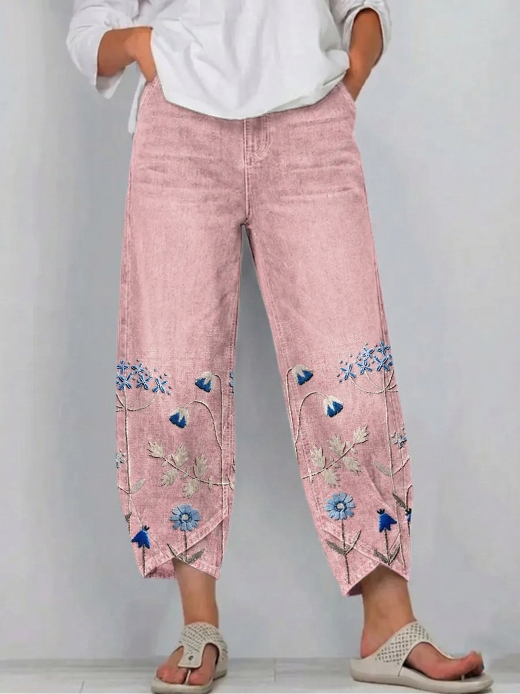 Fiorixa - Pantalon femme denim broderie florale coupe droite casual