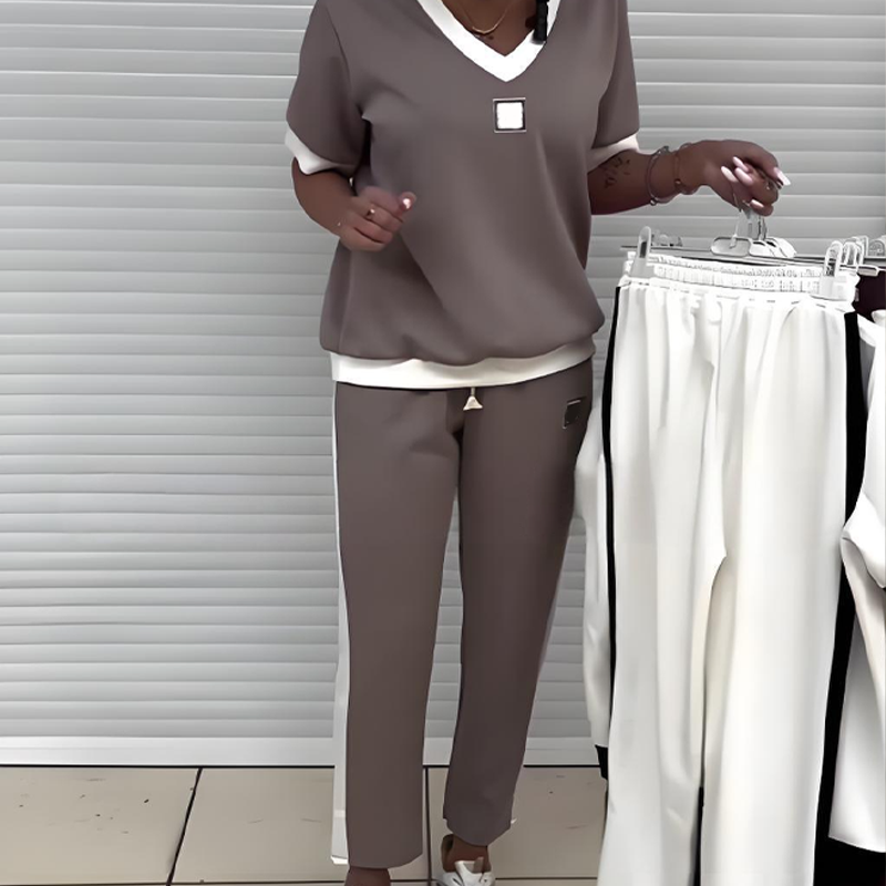 Euphrasie - Ensemble décontracté pour femme avec top à col en V et pantalon