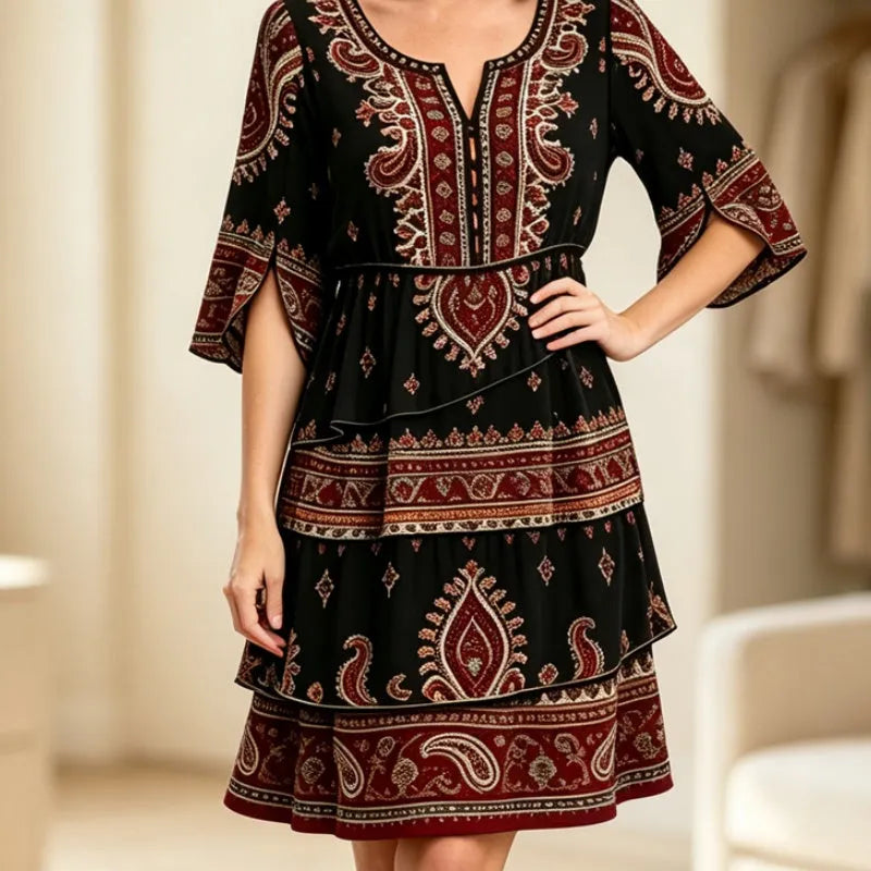 Ramona - Robe femme bohème à volants avec imprimé ethnique