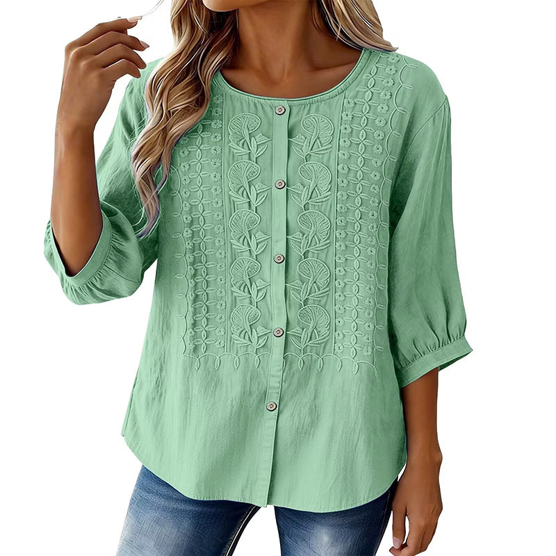 Sorivelle - Blouse brodée femme en coton et lin à manches 3/4