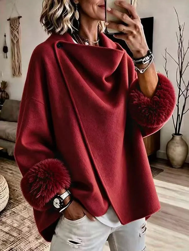 Lammie - Veste femme drapée avec poignets en fausse fourrure