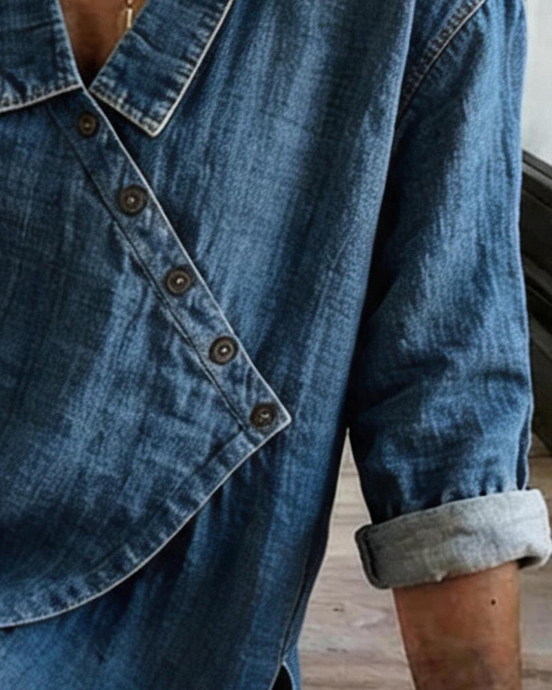 Mélusine - Blouse femme ample effet denim à boutons diagonaux