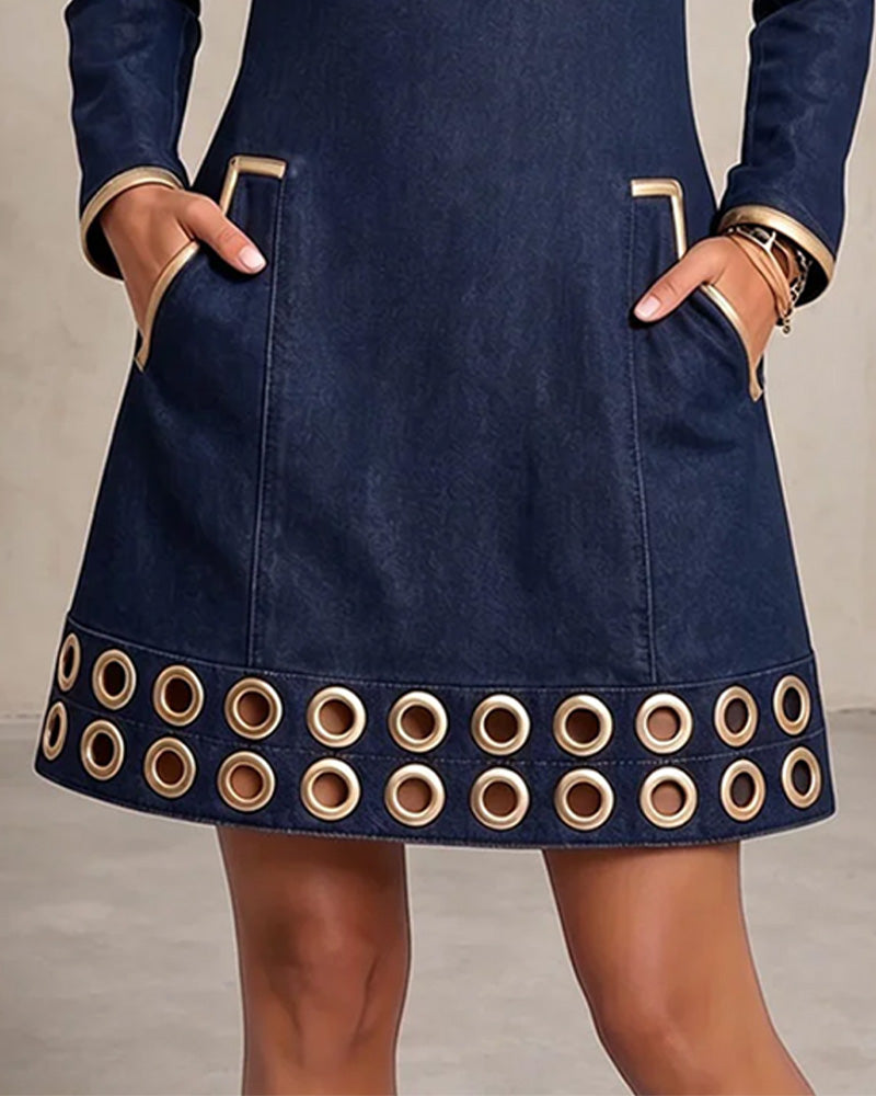 Henrike - Robe courte en denim pour femme avec col zippé et œillets décoratifs